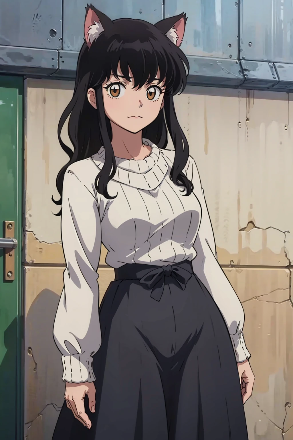 masterpiece, best quality, 1girl, solo, looking at viewer, <lora:EPinKagome-13:0.7>, EPinKagome black hair, brown eyes, detailed background, anime coloring, anime screencap, 2000s \(style\), focused, park, noon, standing, sweater, cat cutout, long skirt, arm strap, animal ears, cat ears, ear fluff, :\3