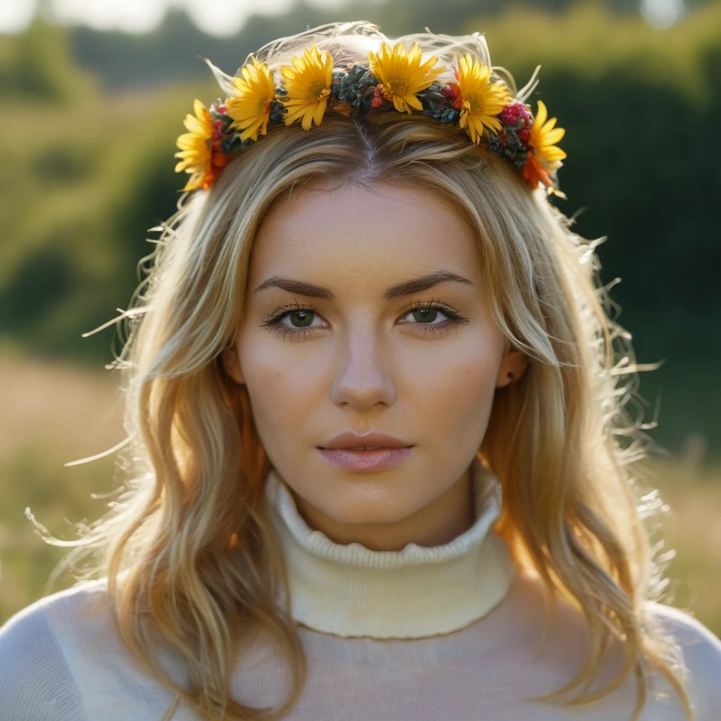 Skin texture, no makeup, Super high res closeup portrait photo of a woman outdoors with long slightly wavy hair,wearing a turtleneck shirt, decorative flower crown in her hair,f /2.8, Canon, 85mm,cinematic, high quality,looking at the viewer, <lora:elicuthbert_v2_xl_2_standard_wo_cap-000050:1>