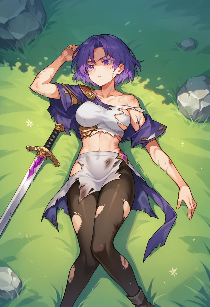 score_9, score_8_up, score_7_up, score_6_up, source_anime, masterpiece, newest,
Colored eyelashes, displeased, purple hair, bob haircut, 1girl, simple background, closeup, damaged clothes, ripped clothes, ripped pantyhose, battleground, from above, outdoors, field of grass, lying down, sword