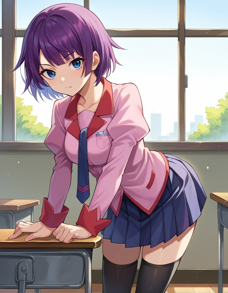 Masterpiece, Best Quality, Hi-Res, 1 Girl, Solo, Seele, Small, Short Hair, Bangs, blue Eyes, Hair Between Eyes, Long Sleeves, Tie, School Uniform, Mini Skirt, Juliet Sleeves, Thighs, White Shirt, Cowboy Shot, (Skirt Lift: 1.3), Indoors, Toilet, Urinal, Sweat, Wet, Look Viewer,Bright Red Panties, Blush