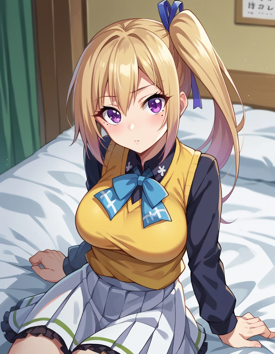 score_9, score_8_up, score_7_up, source_anime,
maikawakami, <lora:mai-kawakami-ponyxl-lora-nochekaiser:1>,
mai kawakami, blonde hair, hair ribbon, long hair, mole, mole under eye, ribbon, side ponytail, purple eyes
school uniform, skirt, vest, yellow vest, skirt, white skirt,
indoors, bed, bed room, on side,
looking at viewer, dutch angle, cowboy shot,