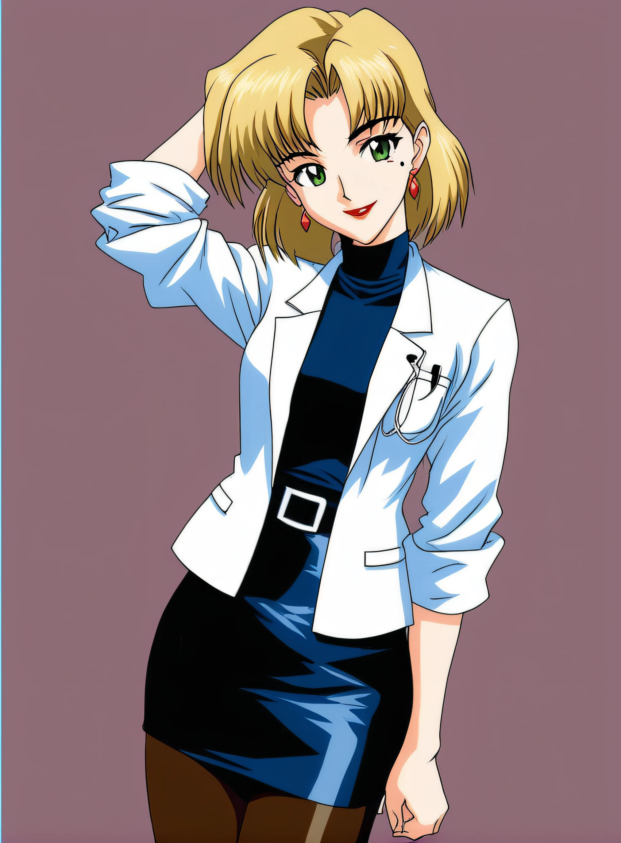 retro artstyle,1990s (style),oldest, <lora:Ritsuko:0.7> Ritsuki Akagi, 1girl,solo,looking at viewer,smile,short hair,bangs,skirt,blonde hair,simple background,shirt,white background,jewelry,green eyes,standing,pantyhose,cowboy shot,earrings,miniskirt,black skirt,mole,black pantyhose,mole under eye,makeup,turtleneck,lipstick,sleeves rolled up,pencil skirt,hand in own hair,adjusting hair,labcoat,hand on own head,