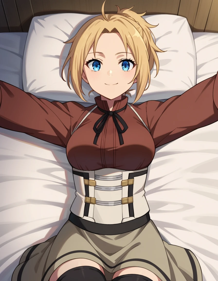 score_9, score_8_up, score_7_up, source_anime,
zenithgreyrat, <lora:zenith-greyrat-ponyxl-lora-nochekaiser:1>,
zenith greyrat, short hair, blonde hair, blue eyes, ponytail, ahoge, smile,
skirt, shirt, thighhighs, long sleeves, ribbon, boots, black thighhighs, thigh boots, brown shirt,
indoors, bed, bed room, on back, arm support, arms up, incoming hug, pov, reaching, reaching towards viewer,
looking at viewer, cowboy shot, dutch angle,