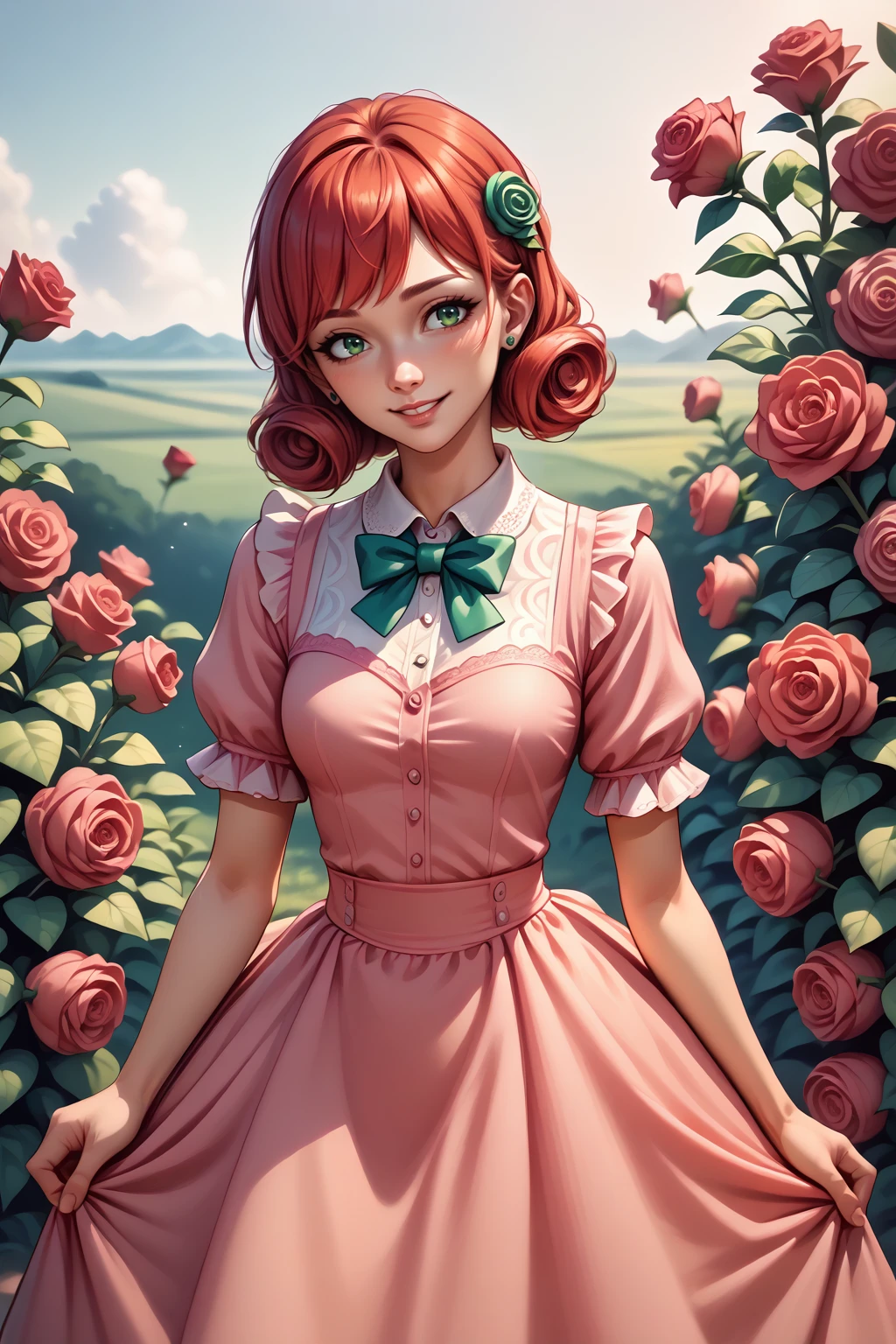 source_anime, score_9, score_8_up, 1girl  <lora:NSPennyStardew:1> NSPennyStardew, green eyes, short hair, red hair, earrings,frilly dress, pink dress, hair decoration, bowtie, smile, rose bushes background, pink background, outdoors, curly hair