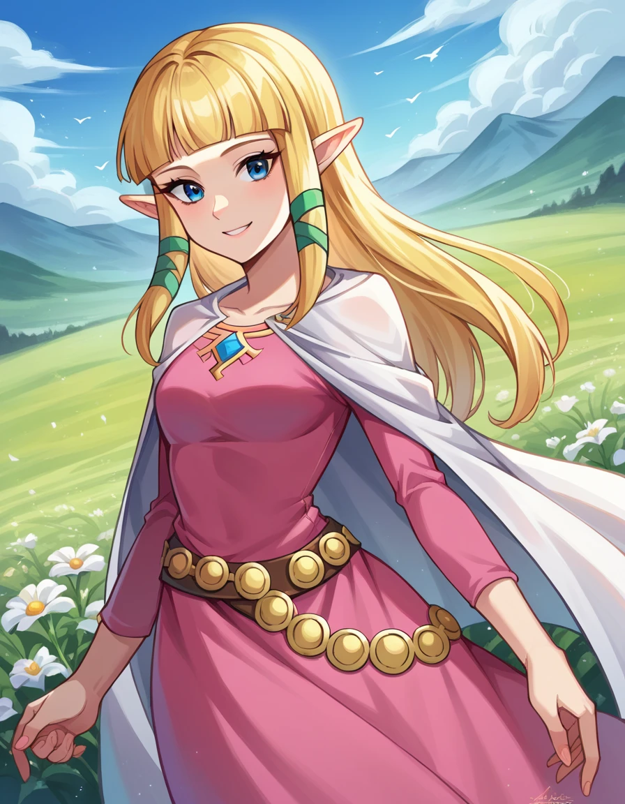 score_9, score_8_up, score_7_up, source_anime,
princesszelda, <lora:zelda-skyward-sword-ponyxl-lora-nochekaiser:1>,
zelda skyward sword, blonde hair, blue eyes, long hair, pointy ears, sidelocks, elf, bangs, blunt bangs, ribbons, hair ribbons, smile,
belt, cape, dress, long sleeves, pink dress, white cape,
outdoors, field, flowers,
looking at viewer, cowboy shot, dutch angle,