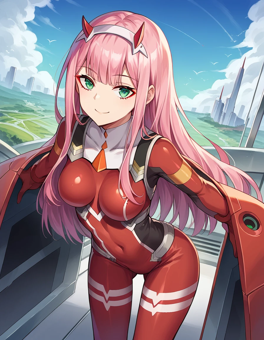 score_9, score_8_up, score_7_up, source_anime,
zerotwo, <lora:zero-two-ponyxl-lora-nochekaiser:1>,
zero two, green eyes, hairband, horns, long hair, pink hair, red horns, white hairband, smile,
bodysuit, covered navel, pilot suit, red bodysuit, science fiction,
outdoors, cityscape, bent over,
looking at viewer, cowboy shot, dutch angle,