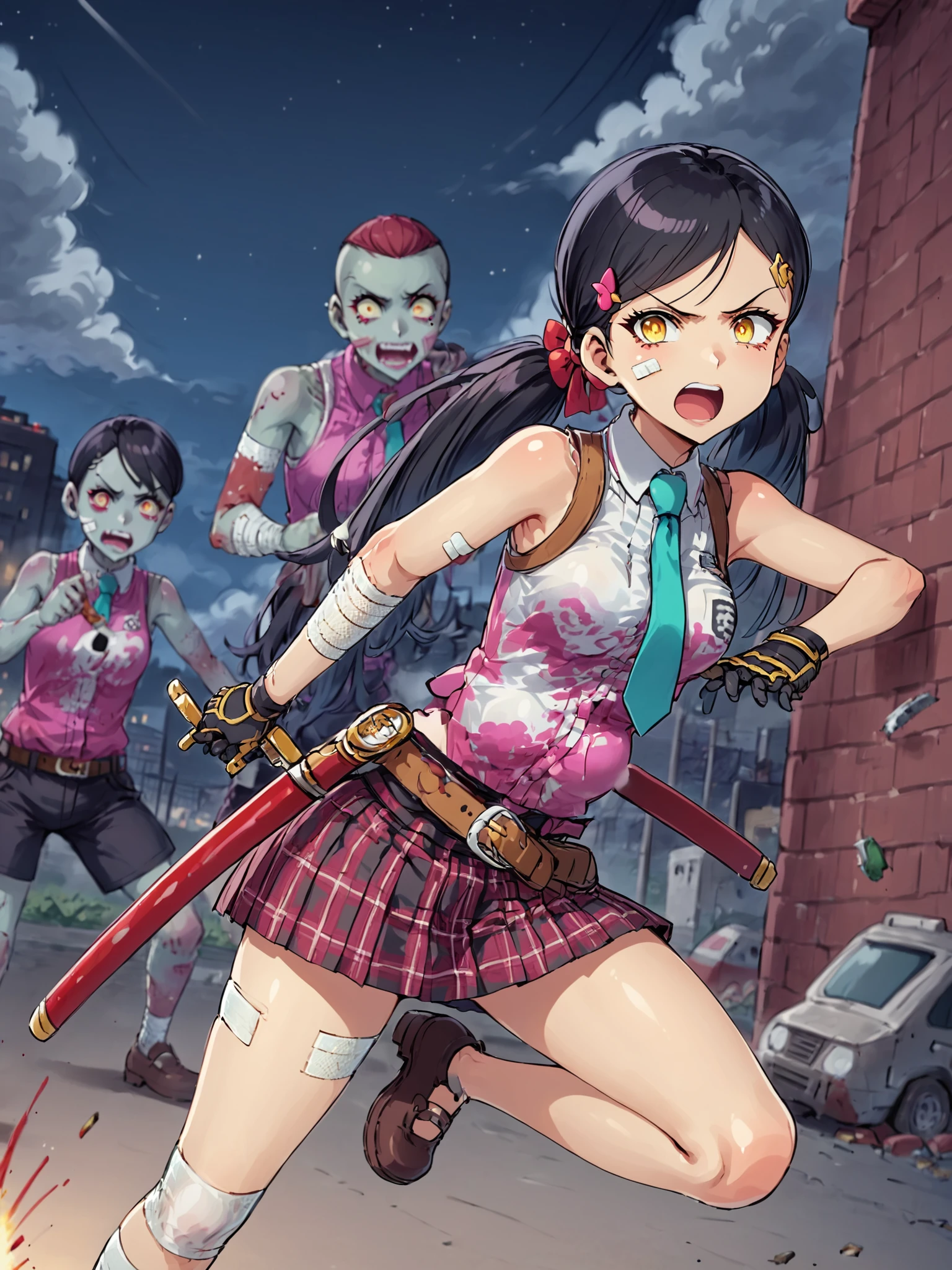 (award winning 8k concept art:1.3) of (three young woman attacking the viewer, open mouth, many zombies, crowd:1.3), extremely detailed background, biting, giant zombie chibi in the background, darkness, flash, close to camera, sweet, front, epic, (masterpiece:1.4), (best quality:1.4), Amazing, beautiful, finely detailed, (Depth of field:1.4), 8k, fine art, stunning, (light reflections:1), (crisp:1.6), red twin tails, vibrant, (edge detection:1.4), absurdres, impressive, 120mm, clear, lens flare, wide shot, wide angle, colorful, scenery