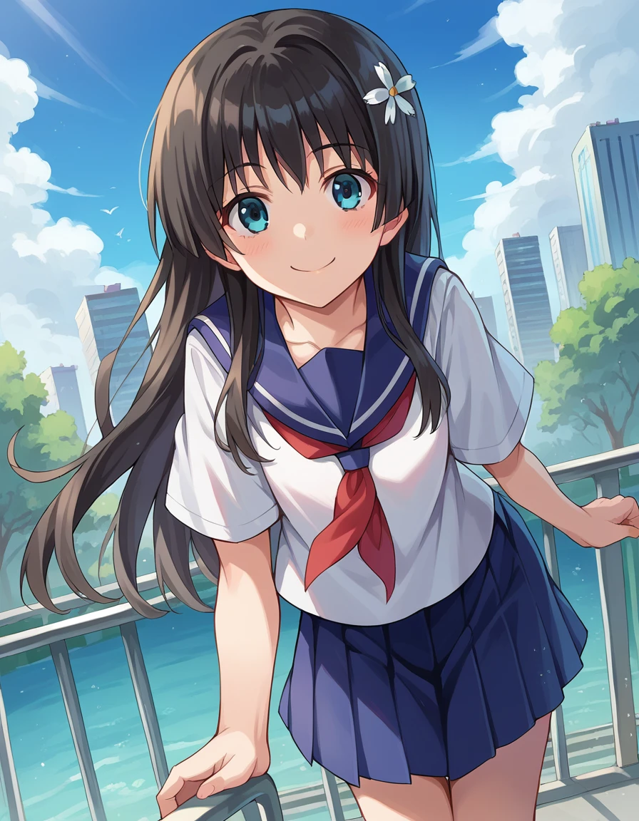 score_9, score_8_up, score_7_up, source_anime,
satenruiko, <lora:saten-ruiko-ponyxl-lora-nochekaiser:1>,
saten ruiko, black hair, blue eyes, long hair, hair ornament, flower ornament, smile,
blue skirt, pleated skirt, sakugawa school uniform, school uniform, serafuku, skirt, summer uniform,
outdoors, cityscape, bent over,
looking at viewer, cowboy shot, dutch angle,