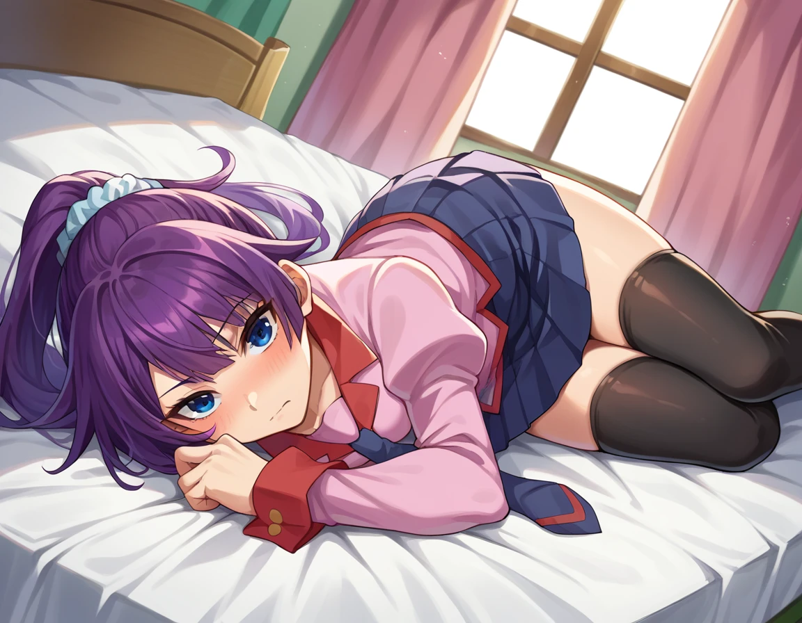score_9, score_8_up, score_7_up, source_anime,
hitagisenjougahara, <lora:hitagi-senjougahara-ponyxl-lora-nochekaiser:1>,
senjougahara hitagi, long hair, bangs, ponytail, sidelocks, scrunchie, blue eyes, purple hair,
skirt, thighhighs, school uniform, necktie, black thighhighs, zettai ryouiki, naoetsu high school uniform,
indoors, bed, bed room, on side, blush, drunk,
looking at viewer, cowboy shot, dutch angle,