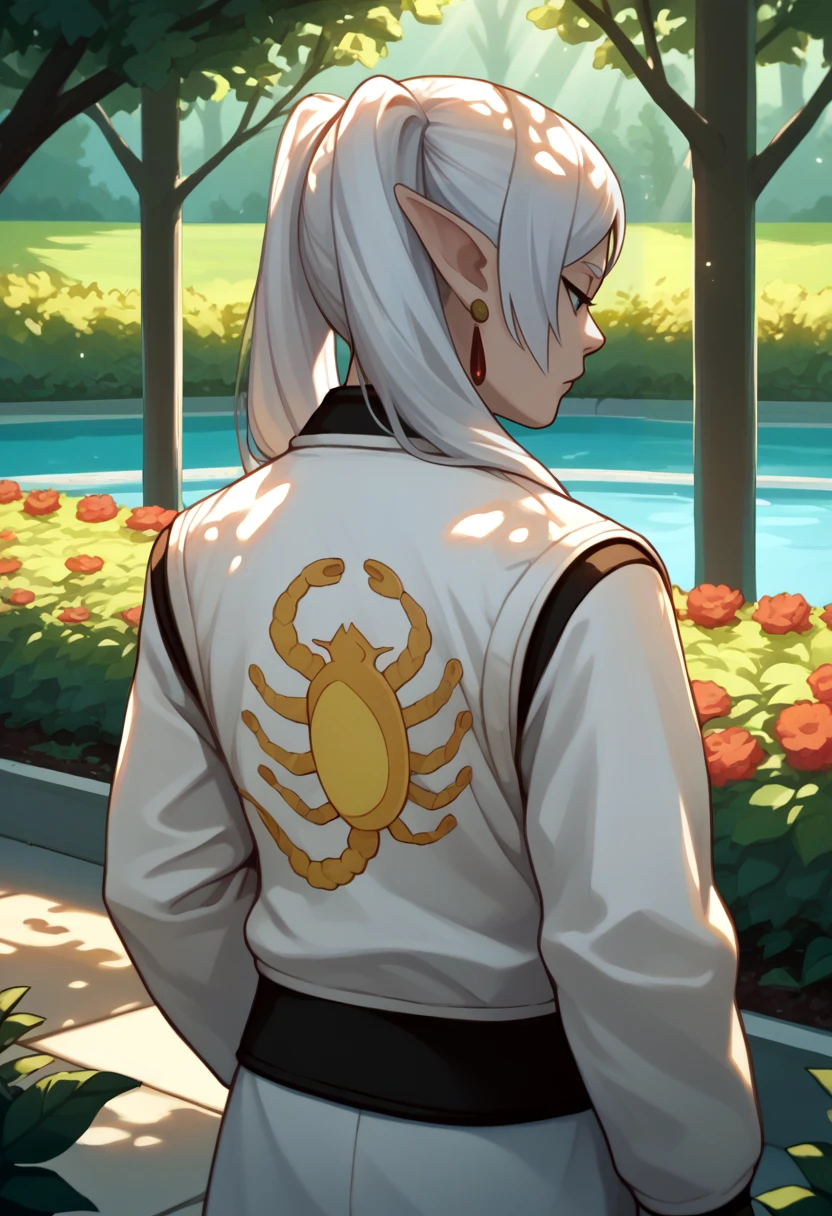score_9, score_8_up, score_7_up, source_anime BREAK <lora:drivejacket-outfit-richy-v1_pdxl:0.8> print jacket, white jacket, 1girl, solo, from behind, <lora:CHAR-FrierenPonyXL:1> frieren, white hair, long hair, twintails, earrings, garden, outdoors, standing, serene, dappled sunlight, outdoors, tree shade, sunbeam, sunlight