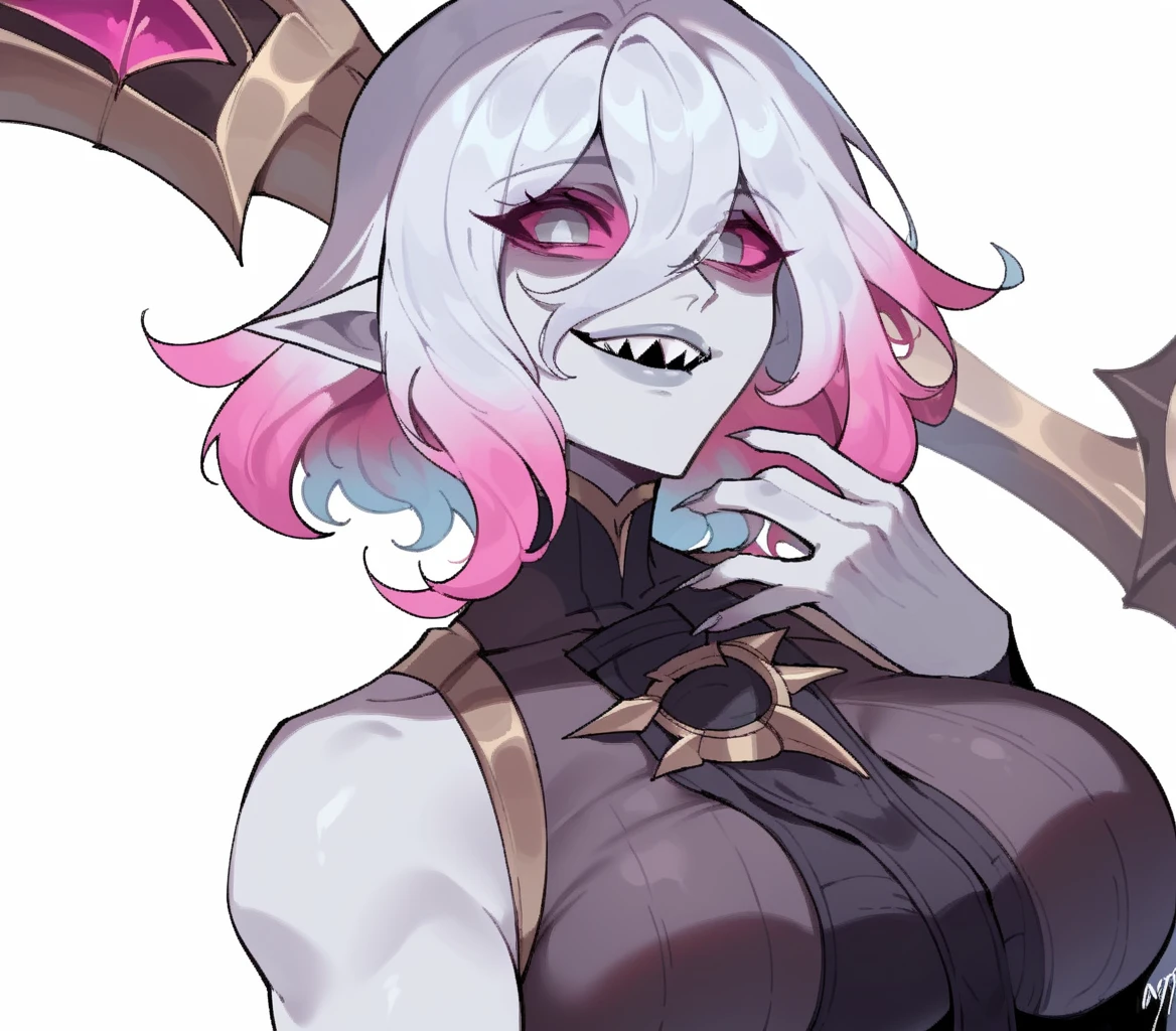 <lora:NyantchaV1:1> <lora:Briar-20 t:1> score_9, score_8_up, score_7_up, score_6_up, nyantcha, masterpiece, Briar, league of legends, 1girl, solo, hair between eyes, multicolored hair, colored sclera, colored skin, silver eyes, pink sclera, gradient hair, pink hair, short hair, gray skin, pointy ears, white hair, big breasts, sharp teeth, arm behind the back, breasts, closed mouth, hand up, white background, simple background, looking at viewer, navel, smile, thick lips