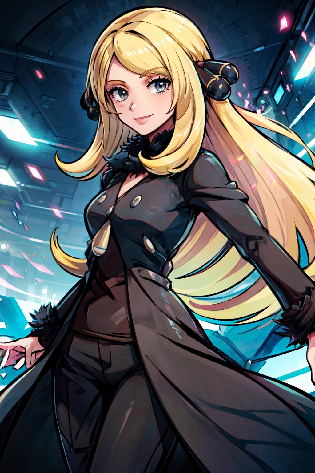 ((masterpiece,best quality)), absurdres, <lora:Cynthia_Pokemon:0.8>, Cynthia_Pokemon, solo, 1girl, blonde, long hair, black coat, black pants, solo, smiling, looking at viewer, cowboy shot, <lora:more_details:0.5>,