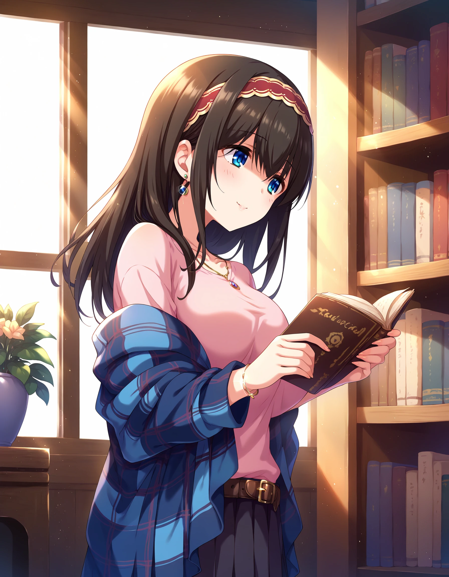 score_9, score_8_up, score_7_up, source_anime,
1girl, cute female, solo, shy, stnding, reading a book, brown book, smile, from side,
indoors, library, sunlight, window,  bookshelf, 
 <lora:SagisawaFumika_pony_v1:0.8>
sgswfmk, long hair, brown hair, black hair, long bangs, (hair over eyes:1.1), blue eyes, large breasts, 
red hairband,
lipstic, detailed eyes, eyelashes, eyeliner, jewelry, necklace, bracelet, earrings, 
casual dress,  sweater,  off shoulder, collarbone,  long sleeves, pleated skirt, belt, pantyhose,  plaid shawl,