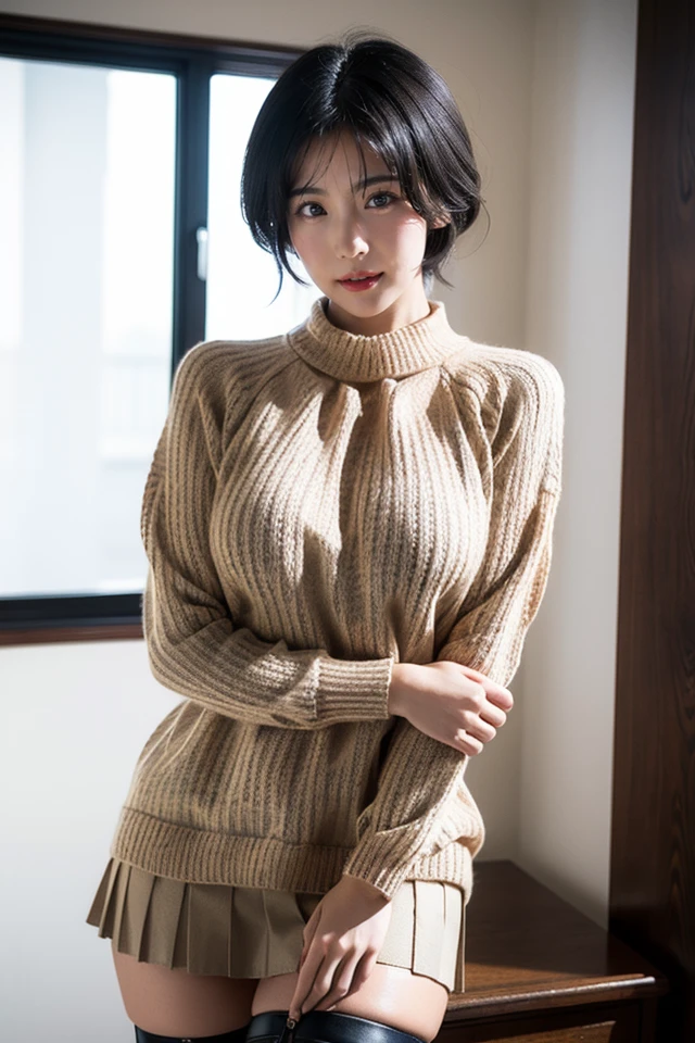 (highest quality, 8k, 32k, masterpiece, Ultra-high resolution:1.2),Beautiful Japanese Women Photos, Big Breasts, Very short bob hair,Upper Body,Face Focus,Extra Large_sweater, necklace, background, From above, View Viewer,