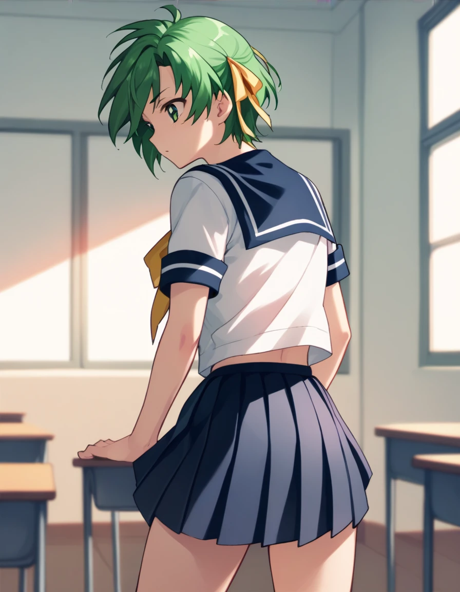 <lora:elnie-ponyxl-000022:1> elnie,
serafuku, yellow ribbon, pleated skirt,
1girl, solo, from behind, classroom, cowboy shot, score_9, score_8_up, score_7_up, score_6_up, score_5_up, score_4_up