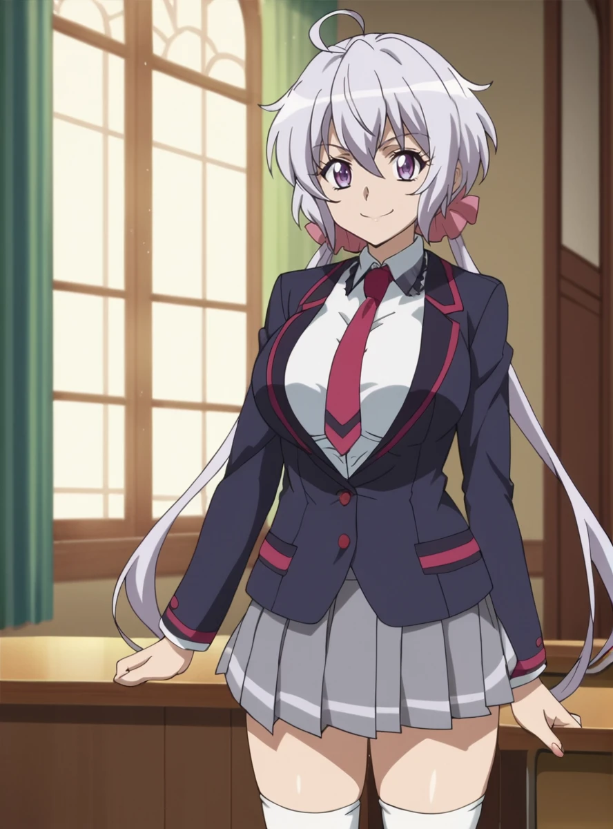 score_9, score_8_up, score_7_up, score_6_up, score_5_up, score_4_up, BREAK source_anime, masterpiece , anime screencap, anime_lineart anime coloring, <lora:YukineChris:0.8>yukinechris, long hair, purple eyes, twintails,low twintails, ahoge, large breasts, indoors, school uniform, blazer, necktie,smile, white thighhighs, pleated skirt, open jacket