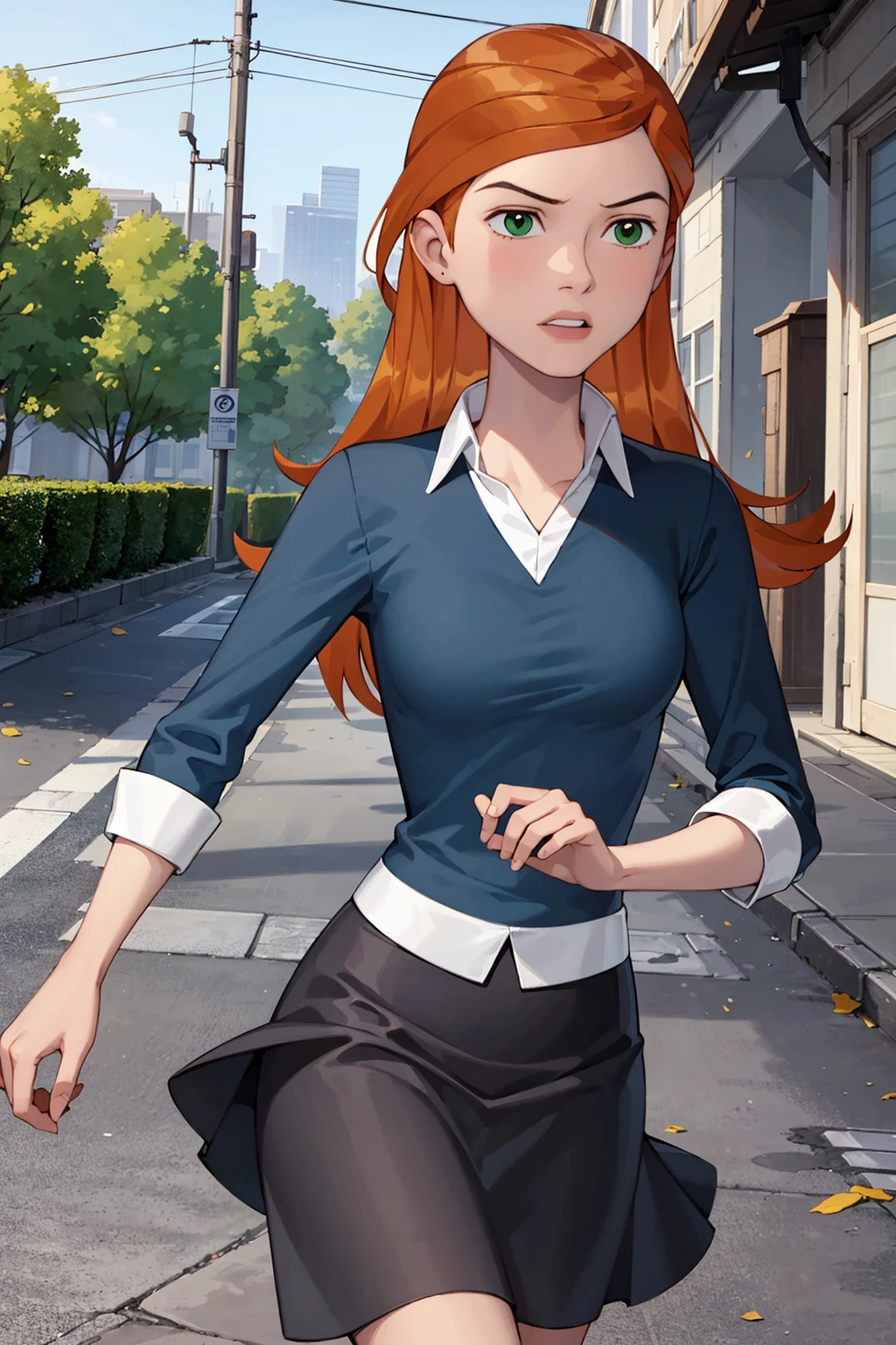 1girl,solo,running away from the danger,long hair,orange hair,green eyes,lips,blue shirt, long sleeves,skirt