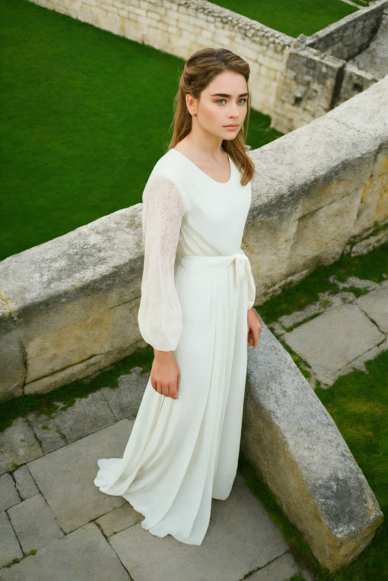 woman  20 years young closeup, European,  longWhite dress,
 ([Emilia( :0)Clarke|jodi taylor|lady( :0)gaga]:0.9),
from above,  <lora:dynamic_shot_27_from_above:0.85>
Medieval village and castle on hill at background,
highres, high quality, high resolution, hd, 4k, masterpiece, realistic,