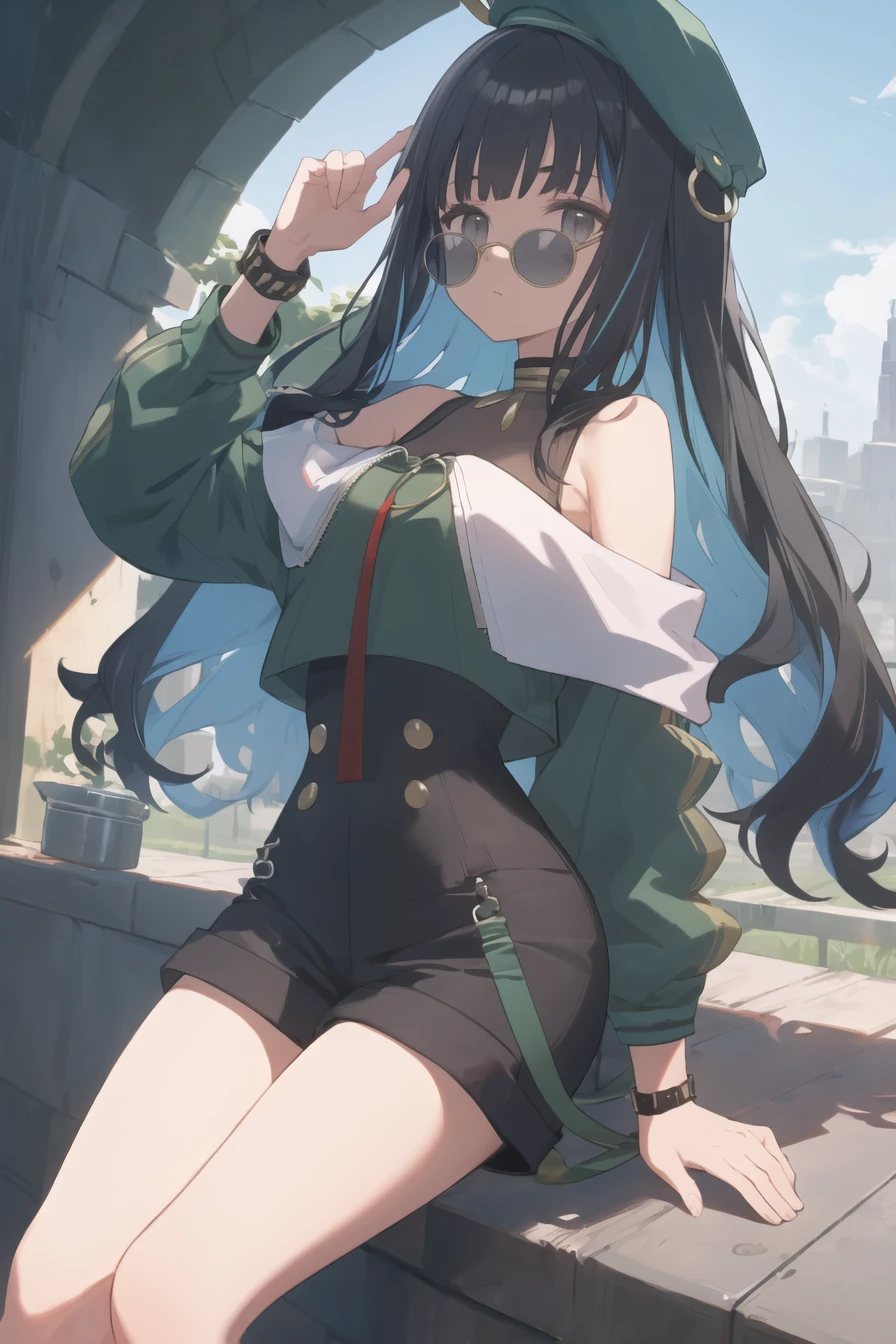 (masterpiece),best quality,<lora:tlalocAsc2FGO_v20:0.75>,tlaloc,green baret,grey eyes,tlaloc,long hair,hat,green beret,green jacket,off shoulder,longsleeves,black shorts,glasses,tinted eyewear,