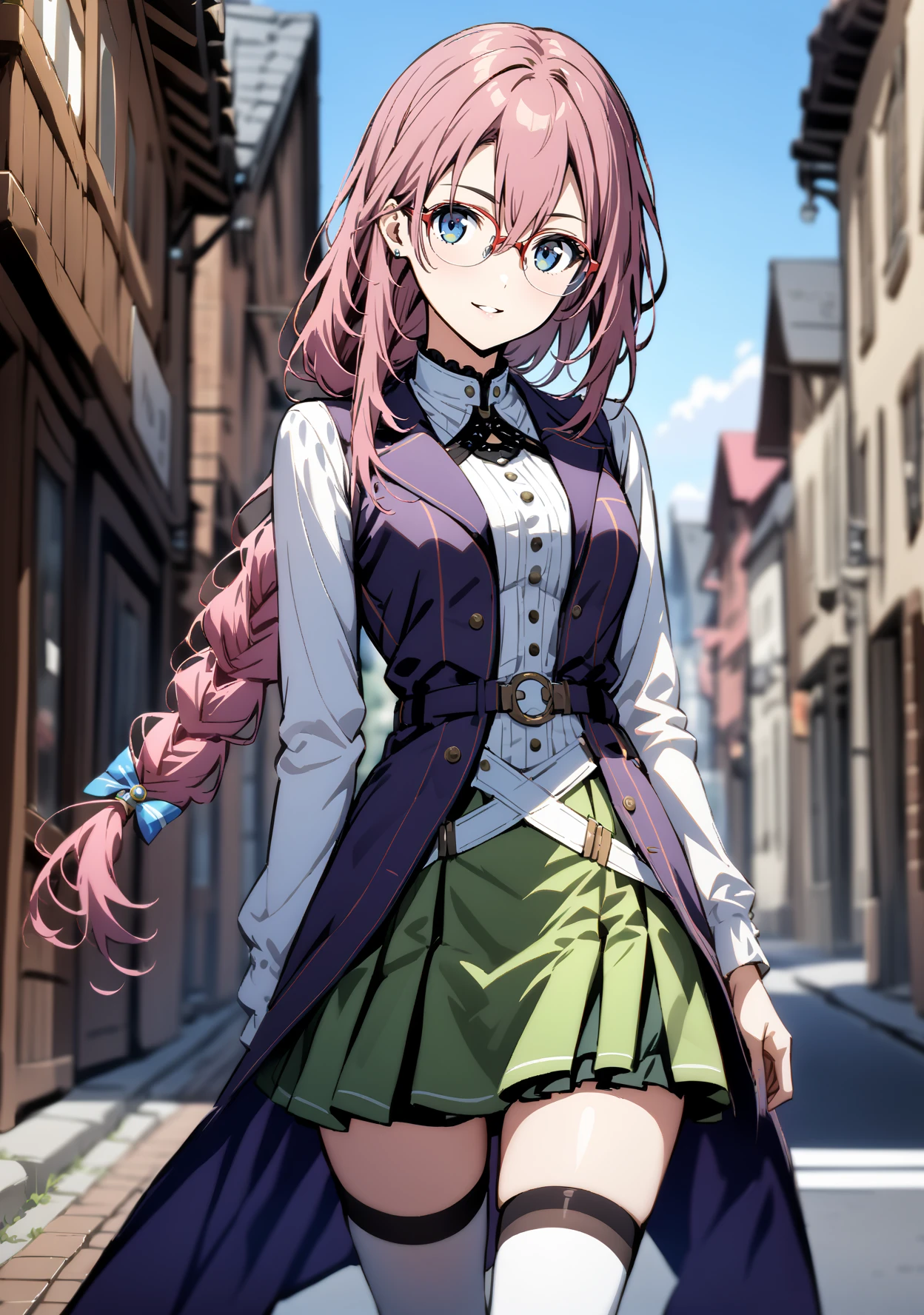 emma-m-pdxl, 1girl, solo, <lora:Emma_Millstein-PDXL:1>  jewelry, loafers,  blue eyes,  hair between eyes,  smile, pink hair, long hair,   glasses, daytime, outside, town,  braided ponytail, purple sleeveless coat, sleeveless coat, white shirt, longsleeve white shirt,  green skirt, belts, white boots, looking at viewer, thigh highs,  contrapposto:1.2