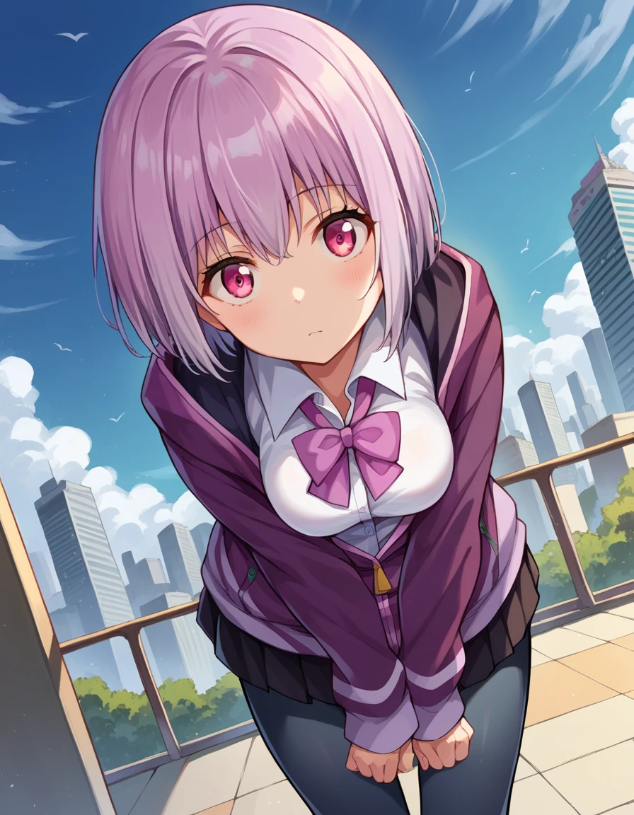 score_9, score_8_up, score_7_up, source_anime,
akaneshinjou, <lora:akane-shinjou-ponyxl-lora-nochekaiser:1>,
shinjou akane, light purple hair, pink eyes, short hair,
black pantyhose, bow, collared shirt, hood, hooded jacket, jacket, open clothes, open jacket, open shirt, pantyhose, purple bow, purple jacket, school uniform, shirt, sleeves past wrists, unbuttoned shirt, white shirt,
outdoors, cityscape, bent over,
looking at viewer, cowboy shot, dutch angle,