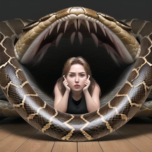 female victim lying down inside of a large snake mouth and throat, side view, raw, masterpiece, ultra best picture, ultra intricate creative detail, hyper realistic detail, ultra hyper photo realism, ultra-hyper immersive visuals, 3D realistic, ultra 4080p, HD, VFX, SFX, FKAA, TXAA, RTX, SSAO,