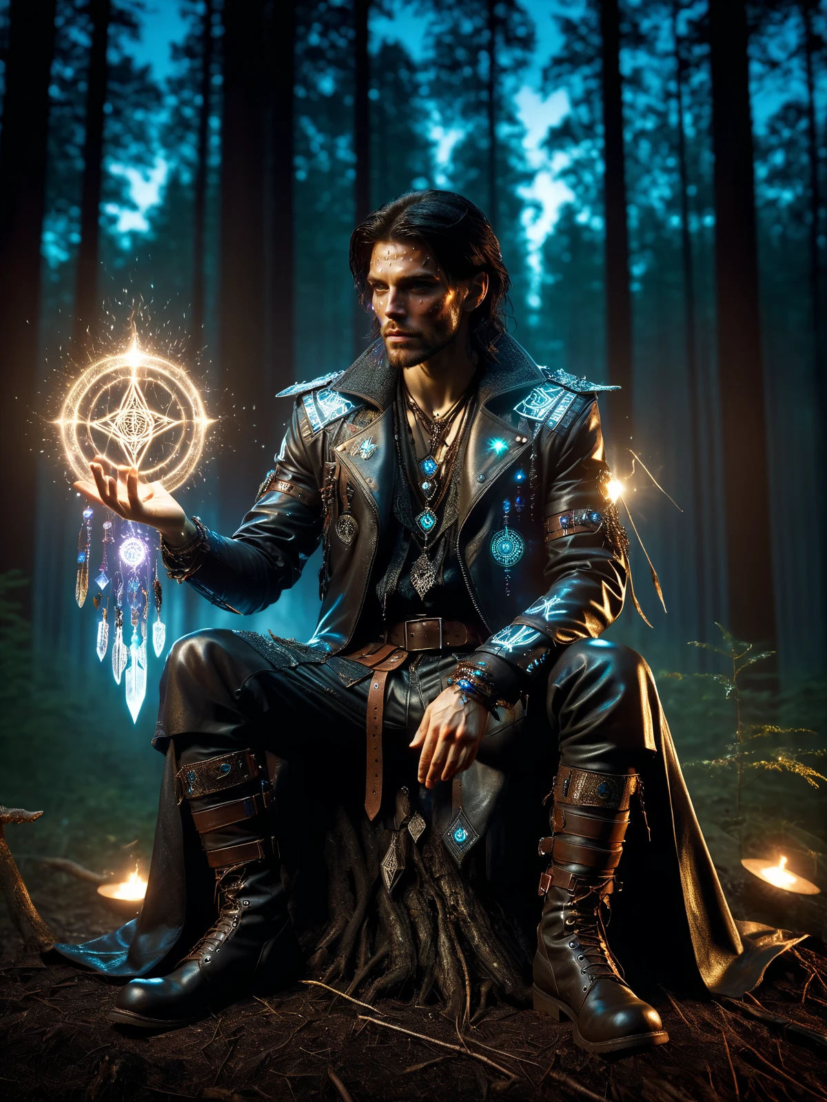 cinematic shot, dramatic lighting, man sitting forest clearing at night casting spell, mad-cybrshmn, ornated leather clothing, magic glow,  bone, gems,  dark hair, magic circle, rain, hologram, <lora:Neon_Cyberpunk_SDXL_Cybershaman:1>, masterpiece, best quality, ultra high res, (photorealistic, realistic:1.2), deep shadow, raw photo, film grain, Fujifilm XT3, 8k uhd, dslr