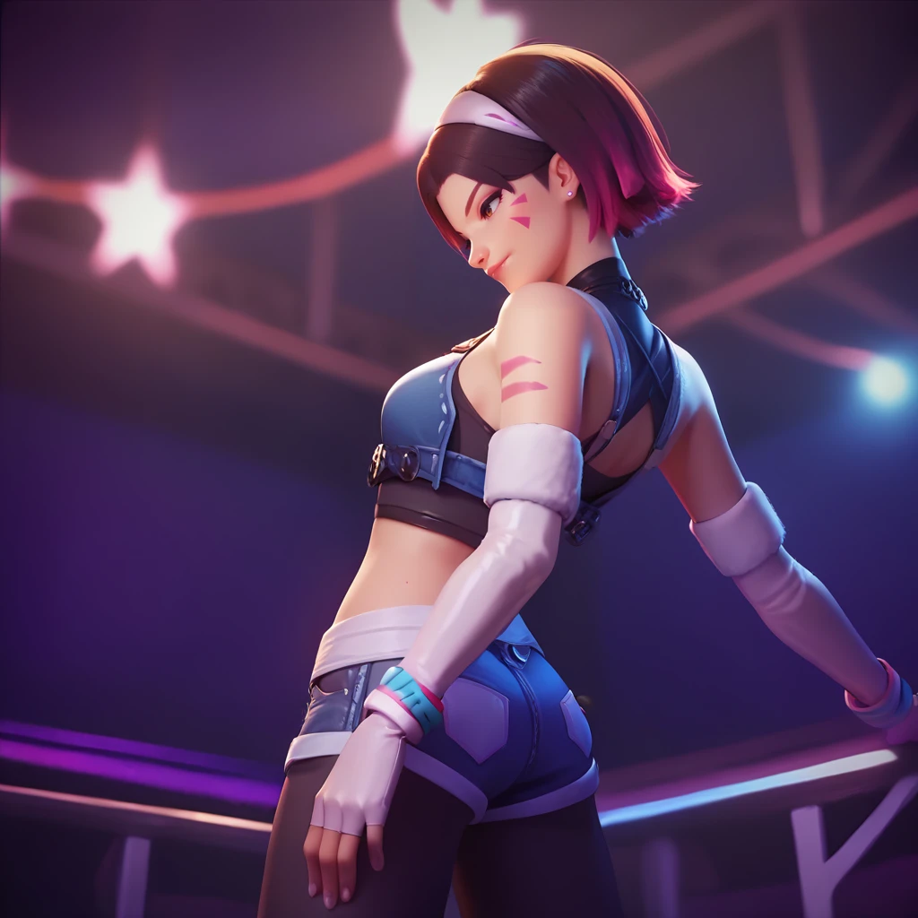 score_9, score_8_up, score_7_up, score_6_up, 1girl, portrait, Dvakpop, white elbow gloves, fingerless gloves, denim shorts, black leggings, white boots , standing at a concert <lora:Dvakpop-03:1>