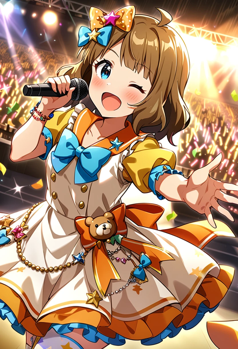 masterpiece, best quality, very aesthetic, absurdres, 1girl, suou momoko, fancy alamode, millitheater, ahoge, short hair, star hair ornament, blue bowtie, cowboy shot, hair ornament, frilled dress, heart ornament, glowstick, sparkle, brown hair, hair bow, bracelet, singing, thighhighs, microphone, music, orange bow, holding, yellow dress, jewelry, blush, bear ornament, bead bracelet, dutch angle, star ornament, print legwear, holding microphone, eyebrows visible through hair, sailor dress, puffy short sleeves, blue neckwear, confetti, polka dot bow, standing, looking at viewer, beads, frilled sleeves, smile, solo, white dress, ;d, blue bow, collarbone, orange sailor collar, light brown hair, back bow, stage lights, one eye closed, open mouth, puffy sleeves, sailor collar, white legwear, frills, heart hair ornament, buttons, asymmetrical legwear, waist bow, blue eyes, idol, stage, short sleeves, yellow sleeves <lora:suou_momoko_sdxl_locon_ani31_v1:0.7>