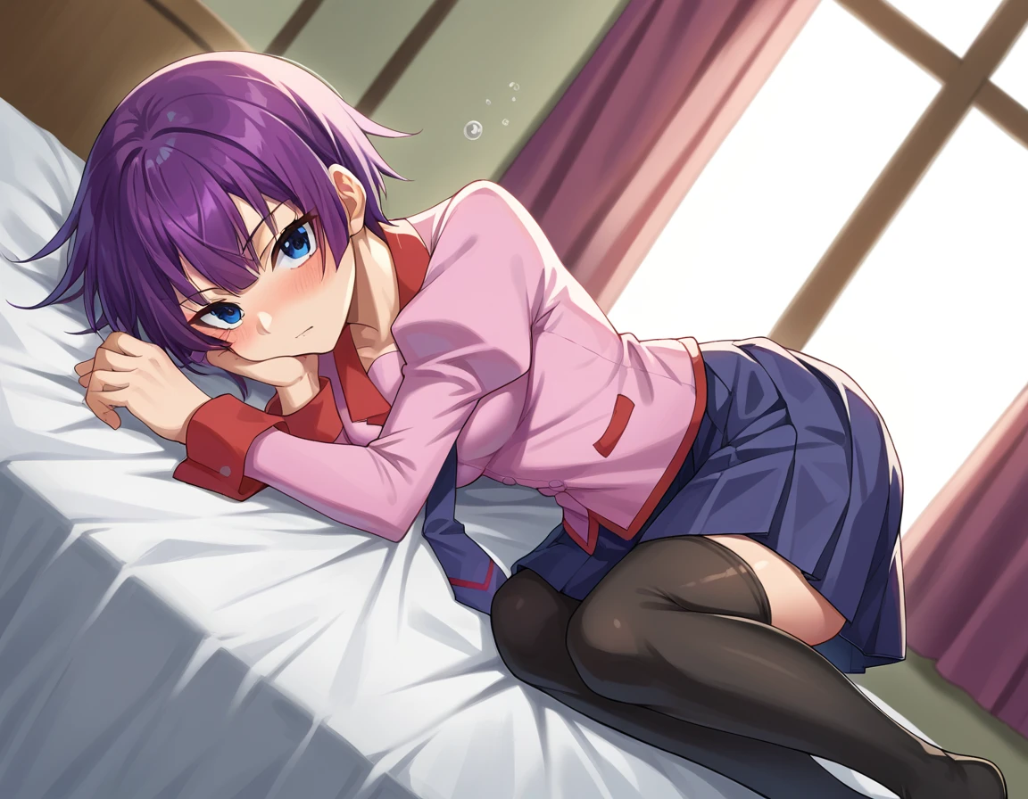 score_9, score_8_up, score_7_up, source_anime,
hitagisenjougahara, <lora:hitagi-senjougahara-ponyxl-lora-nochekaiser:1>,
senjougahara hitagi, bangs, short hair, blue eyes, purple hair,
skirt, thighhighs, school uniform, necktie, black thighhighs, zettai ryouiki, naoetsu high school uniform,
indoors, bed, bed room, on side, blush, drunk,
looking at viewer, cowboy shot, dutch angle,