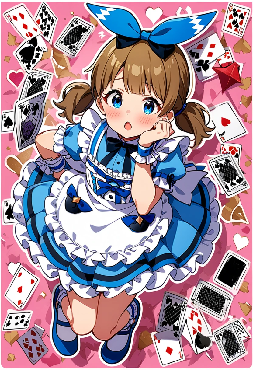 masterpiece, best quality, very aesthetic, absurdres, 1girl, suou momoko, made-on-alice, millitheater, playing card, low twintails, medium hair, blush, outline, neck ribbon, spade \(shape\), looking at viewer, pink background, white outline, frilled legwear, hand up, wrist cuffs, puffy sleeves, white legwear, open mouth, short twintails, :o, blue footwear, hairband, heart, shoes, diamond \(shape\), cosplay, blue neckwear, card, mary janes, socks, frills, full body, twintails, blue dress, club \(shape\), short sleeves, alice \(alice in wonderland\) \(cosplay\), blue shirt, collared shirt, white collar, frilled dress, puffy short sleeves, frilled sleeves, white apron, maid apron, frilled apron, apron bow, back bow, hair bow, hair ribbon, black bow, blue bow, black ribbon, blue ribbon, blue skirt, frilled skirt, center frills, black neckwear <lora:suou_momoko_sdxl_locon_ani31_v1:0.7>