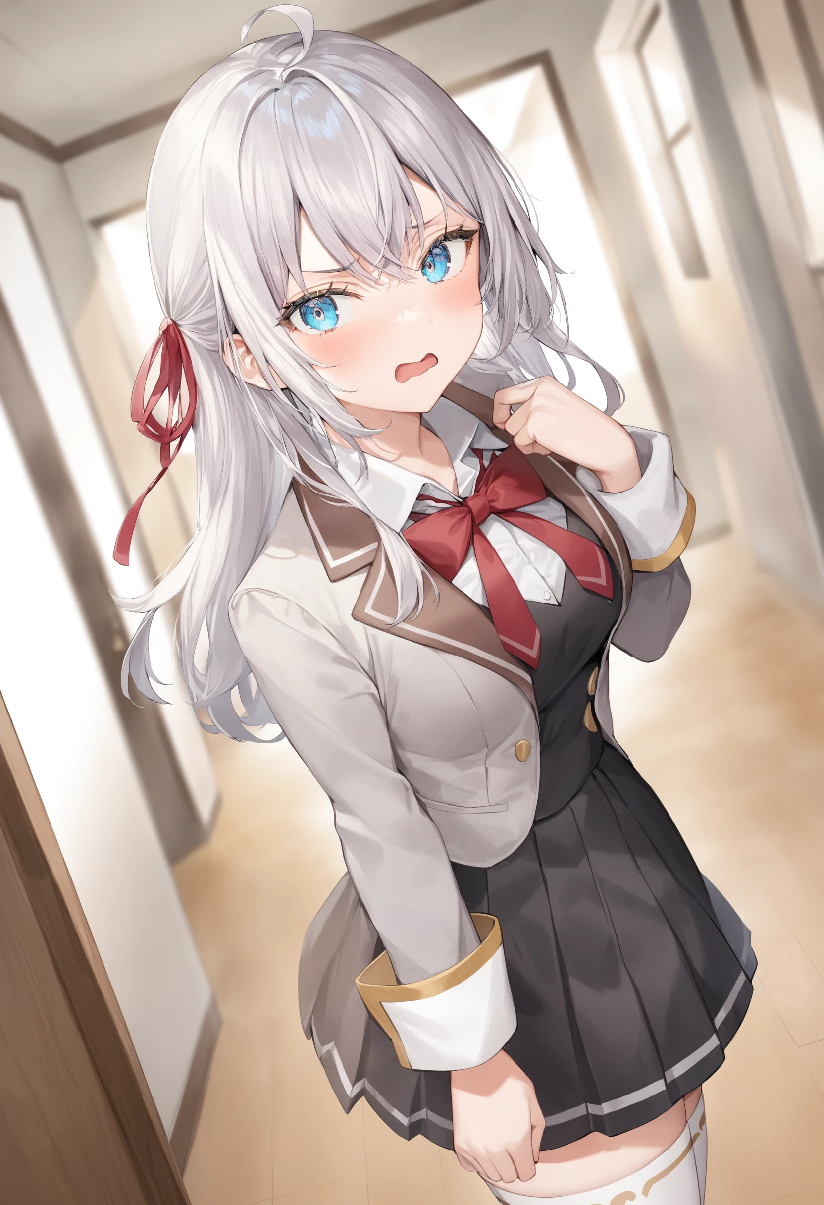 1girl,  alisa mikhailovna kujou,tokidoki bosotto roshia-go de dereru tonari no arya-san,<lora:alisa_XL_v1:0.8>
solo, long hair, eyebrows visible through hair, hair between eyes, silver hair, hair ribbon, blue eyes, medium breasts, school uniform,white legwear,zettai ryouiki, long sleeves, jacket,
ceiling, portrait, looking at viewer, serious, corridor, open mouth,
best quality, very aesthetic, absurdres