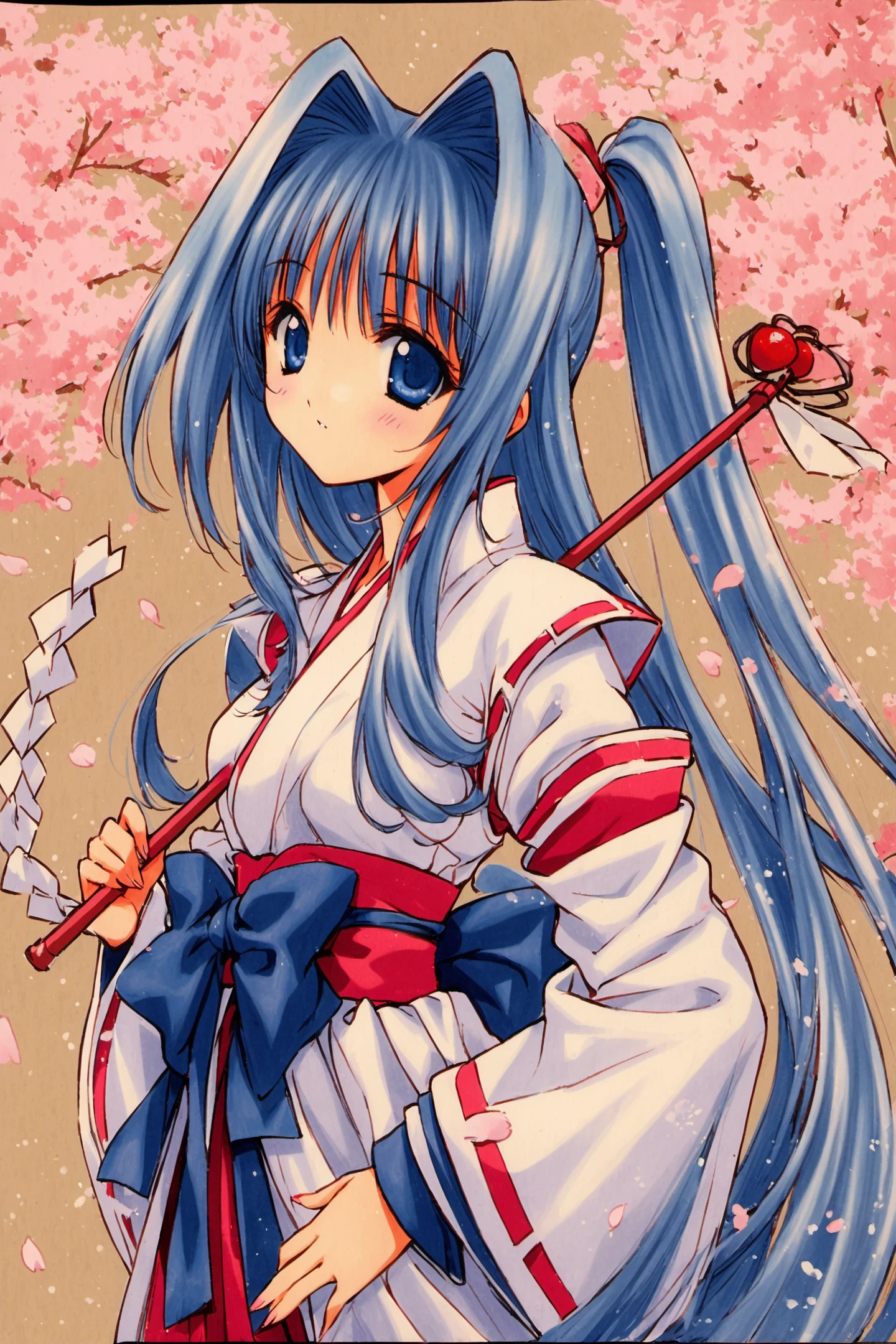 1girl,solo,cherry blossoms,japanese clothes,gohei,long hair,miko,blue eyes,ponytail,blush,long sleeves,blue hair,petals,flower,skirt,hair intakes,looking at viewer,traditional media,<lora:Aoi Nanase_XL:0.9>,