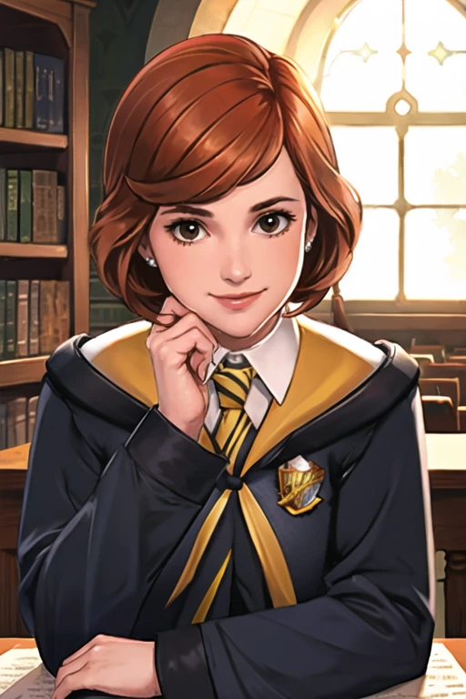 (best quality, ultra detailed), (detailed background:1.2), (perfect face, detailed face), looking at viewer, (light rays, mature female:1.4), smile, janecourt, 1girl, orange hair, solo, brown eyes, hogwarts school uniform , black skirt, black pantyhose, collared shirt, white shirt, yellow necktie, striped necktie, sitting, window, (shadow, dark, indoors, resting head, resting on elbow, leaning on desk, library, desk, medium breasts, studying), <lora:JaneCourt_v1:0.75>, <lora:a_beam_of_light_v1.04:0.4>