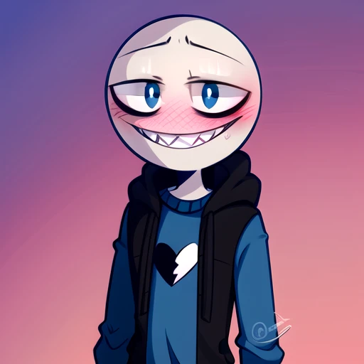 <lora:peterv-10 (2):1>1boy, artist name, blue eyes, blush, heart, hoodie, looking at viewer, male focus, peter, sharp teeth, shirt, smile, solo, upper body, white background