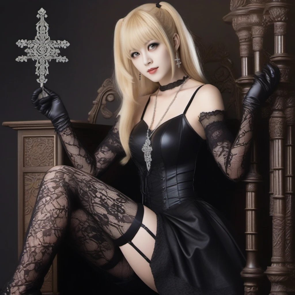 ((masutepiece))、ultra-detailliert、An ultra-high picture quality、The ultra -The high-definition、Super masterpiece、hyperdetailed photo、Detailed skin、with round face、Sexy face、huge-breasted、((Beautiful big eyes)),tits out、Young Face、Grinning、Thin laughter、((Tie a small amount of hair on each side with a black rubber band.))、European luxury hotels Edium Hare))、((Glowing blonde hair))、((14 year old woman))、dark atmosphere photo、Japan Idol Girl、Red Lip、Straight hair、Black Lolita Dress、cleavage of the breast、Cross Necklace、
