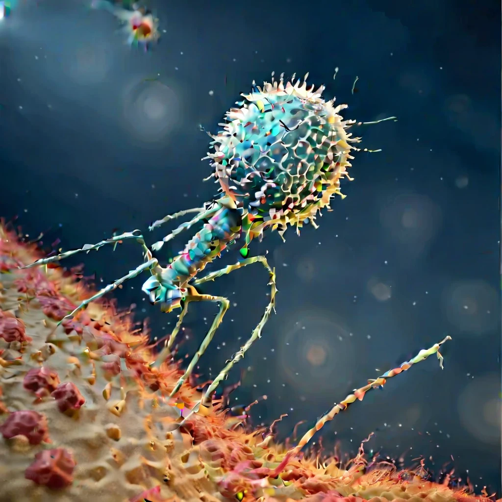 <lora:Phage_XL-000014:1> phage, monoclone, attacking bacteria