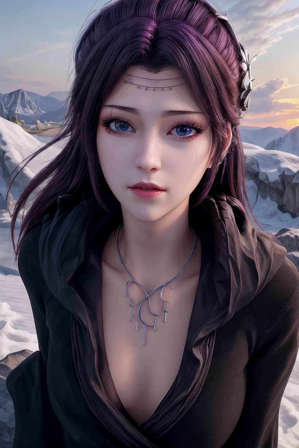 <lora:yunzhi-Y001:0.9>,yunzhi,black robe,1girl,solo,black hair,long hair,hood,sky,blue eyes,(frontlet:1.2),(hair accessories:1.2),(headwear_request:1.2),upper body,ice,crystal,cloud,closed mouth,hood down,sunset,jewelry,looking at viewer,outdoors,(mature female:1.2),long face,<lora:Add More Detailsç»èè°æ´:0.6>,purple hair,, best quality , masterpiece, illustration, an extremely delicate and beautiful, extremely detailed ,CG,unity,8k wallpaper, Amazing, finely detail, masterpiece, best quality,official art,extremely detailed CG unity 8k wallpaper,absurdres, incredibly absurdres, huge filesize , ultra-detailed, highres, extremely detailed,beautiful detailed girl, extremely detailed eyes and face, beautiful detailed eyes,light on face,