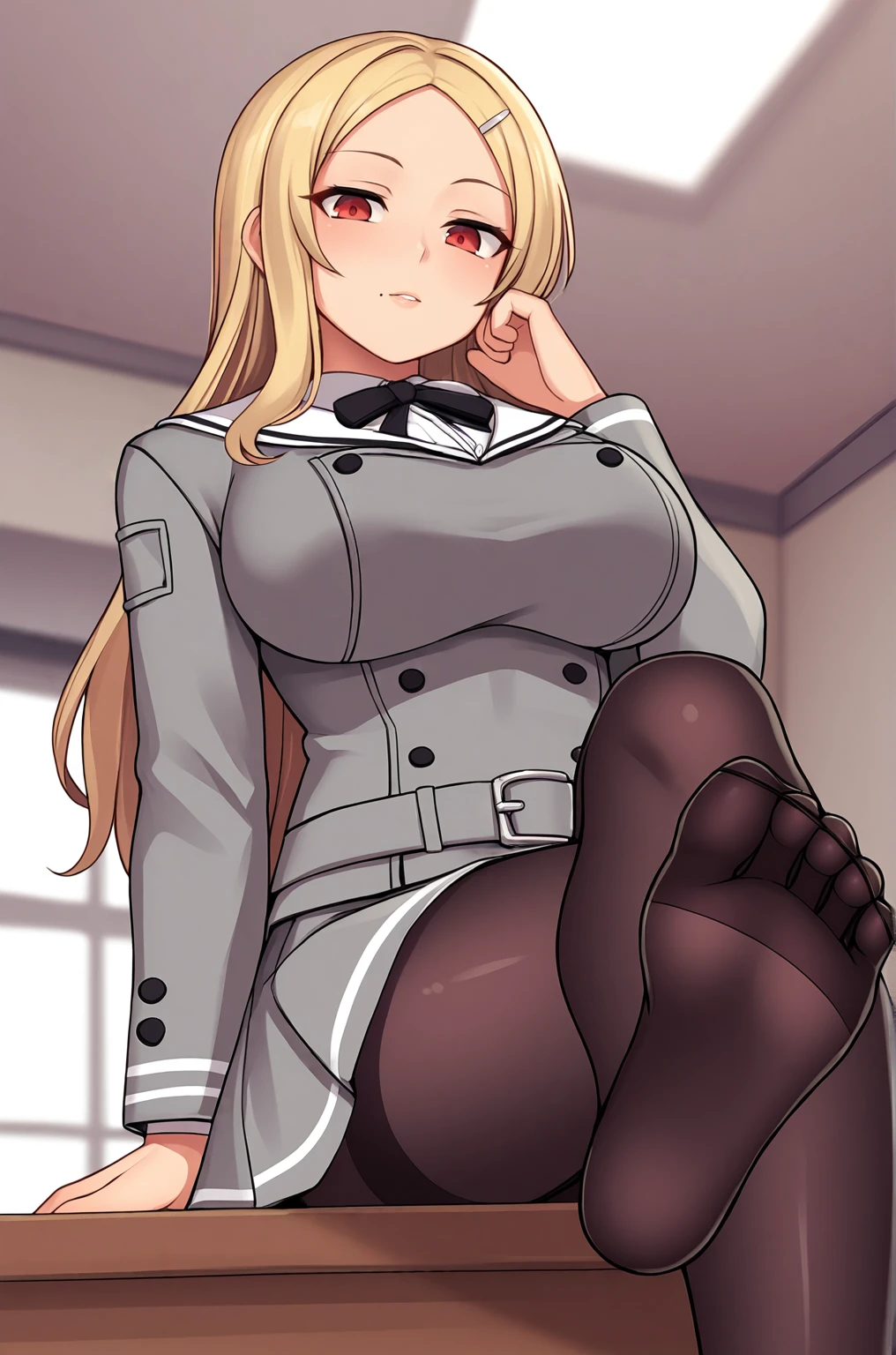anime artwork score_9, score_8_up, score_7_up, score_6_up, score_5_up, score_4_up, source_anime, BREAK, thick outline, fat outline,
Shiki_XL, blonde, long hair, red eyes, mole under mouth, hairclip, large breasts, BREAK, shiki_school_outfit, school uniform, black pantyhose, grey jacket, grey skirt, neck ribbon, grey belt, BREAK, from below, sitting, feet focus, soles,
<lora:Shiki_XL:0.7>
<lora:PersonalAmi_PonyXL:1.0>