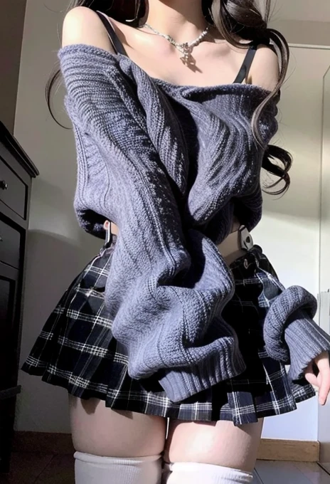 1girl <lora:fashion_mix:1>, short skirt, thigh highs, torso shot, kawaii