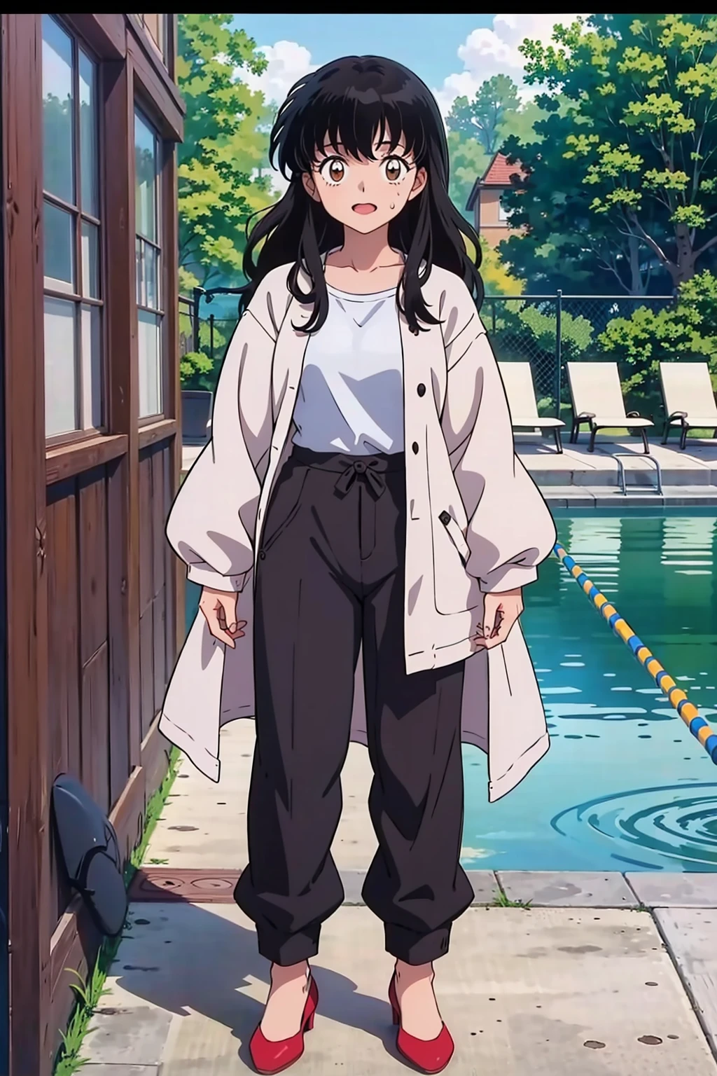 masterpiece, best quality, 1girl, solo, looking at viewer, <lora:EPinKagome-13:0.7>, EPinKagome black hair, brown eyes, detailed background, anime coloring, anime screencap, 2000s \(style\), straight-on, pool, day, villain pose, coat, sweatpants, purple footwear, high heels, wavy mouth