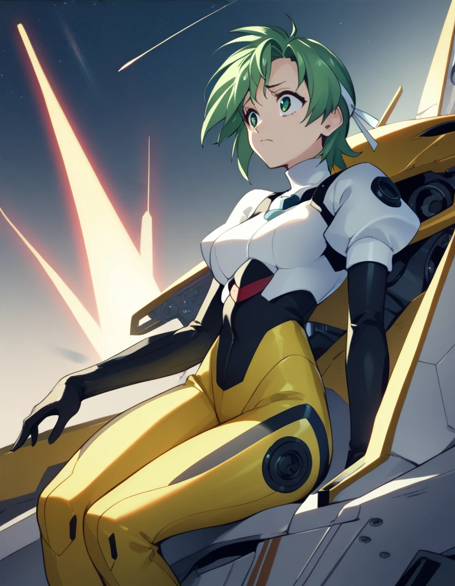 <lora:elnie-ponyxl-000022:1> elnie,
pilot suit, bodysuit, white turtleneck, puffy sleeves, yellow pants,
1girl, solo, sitting, mecha, looking up, worried, night sky, meteor, score_9, score_8_up, score_7_up, score_6_up, score_5_up, score_4_up