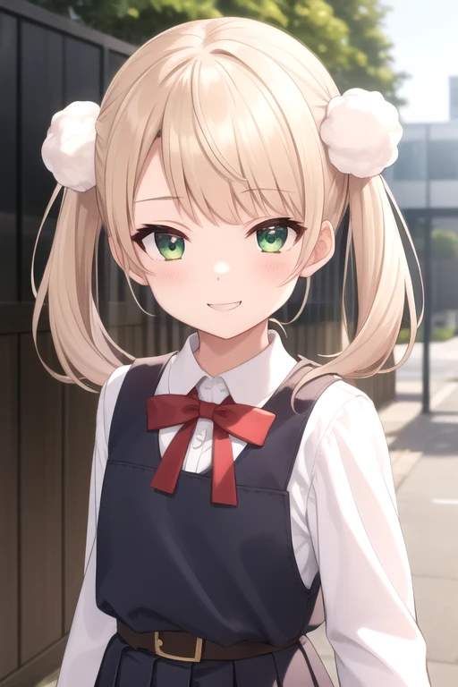 ((masterpiece)),(best quality),official art,extremely detailed CG,unity 8k wallpaper,ultra detailed,beautiful detailed eyes,extremely detailed face,outdoors,1girl,solo,upper body,(portrait:1.5),looking at viewer,facing viewer,smile,smug,smirk,aged down,child,shigure ui (vtuber),short hair,light brown hair,twintails,pom pom hair ornament,hair intakes,green eyes,school uniform,bangs,red bow,collared shirt,white shirt,long sleeves,randoseru,red backpack,belt,black dress,sleeveless dress,pleated dress,pinafore dress,flat chest,kneehighs,white socks,black footwear,uwabaki,<lora:Shigure Ui(vtuber)-Update>,