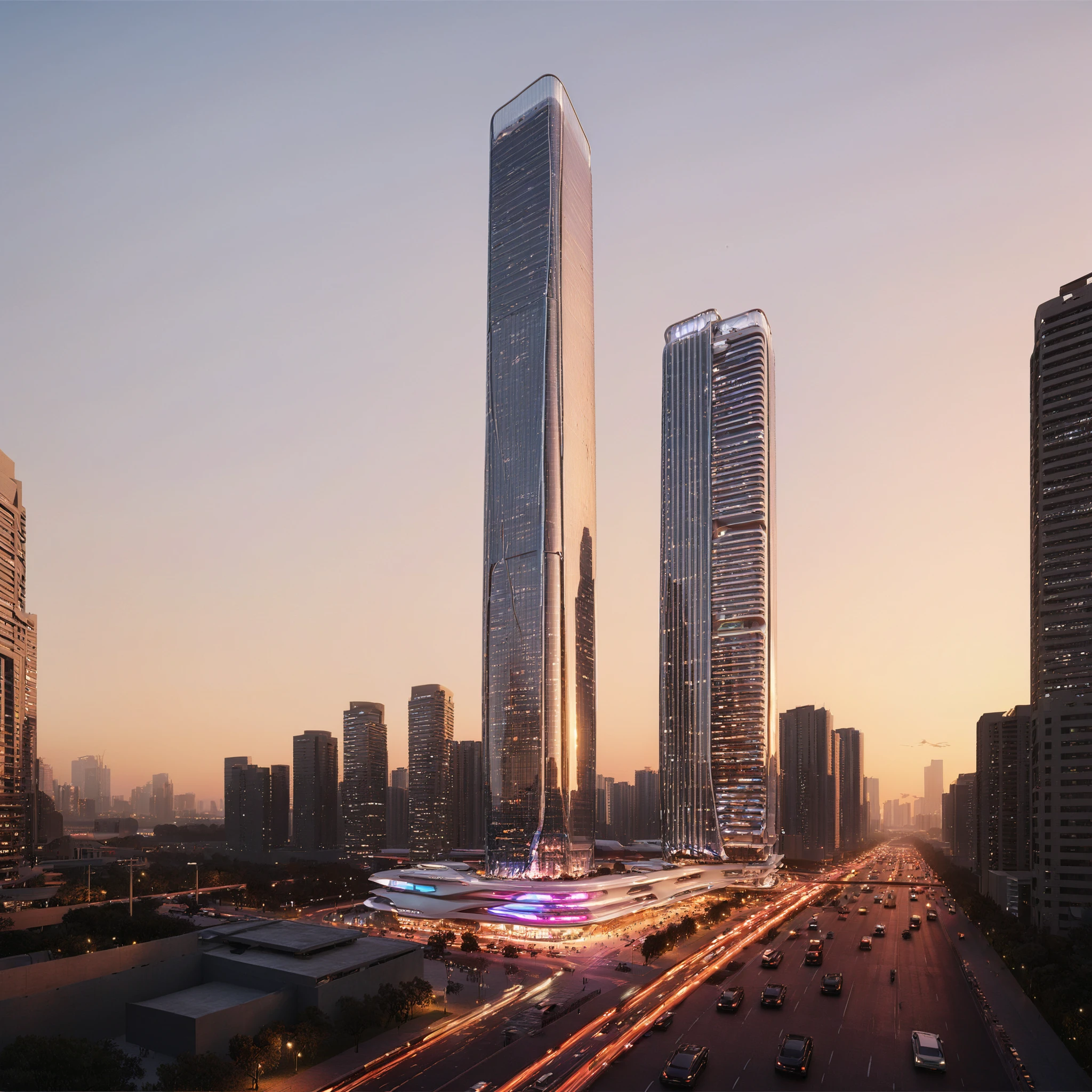 <lora:JZCGXL001-000008:0.7> jzcgxl001, A super high-rise building on the side of the street, design by zahaï¼a bustling city with a lot of cars and pedestrians, sunset, hyperrealistic artï¼professional, 4k, highly detailed