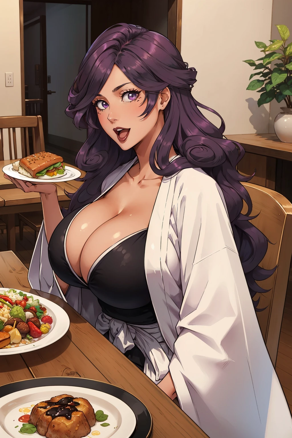 Tabletop, Highest quality, shape, Very detailed, In detail, High resolution, 8k wallpaper, Perfect dynamic composition, Beautiful attention to detail, ,Medium Hair、Natural color lips, Bold sexy pose,((One 20-year-old girl with purple hair))、Small underwear、Big Breasts、Big Ass、Inside a fast food restaurant、I'm drinking juice、smile、cute、sexy shot looking at camera、