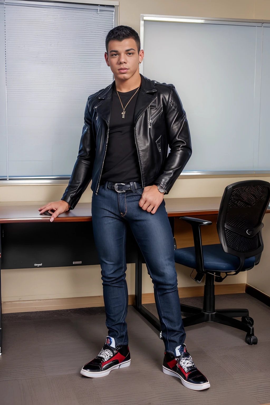 (school principal's office), JesseSantana is a bad boy, naughty student, snarling defiant expression, wearing shirt, blue jeans, (hightop sneakers), black leather jacket, (((full body portrait))), wide angle <lora:JesseSantana-twink:0.8>