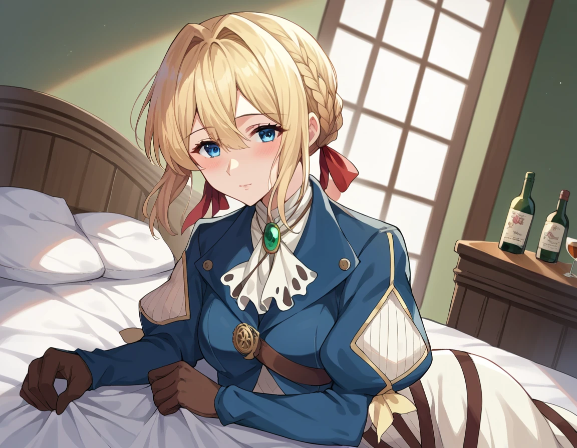 score_9, score_8_up, score_7_up, source_anime,
violetevergarden, <lora:violet-evergarden-ponyxl-lora-nochekaiser:1>,
violet evergarden, blonde hair, blue eyes, hair ribbon, ribbon, short hair, braids, hair braids, red ribbon, mature female,
blue jacket, brown gloves, cropped jacket, dress, gloves, green brooch, jacket, juliet sleeves, long sleeves, puffy sleeves, white dress,
indoors, bed, bed room, on side, blush, drunk,
looking at viewer, cowboy shot, dutch angle,