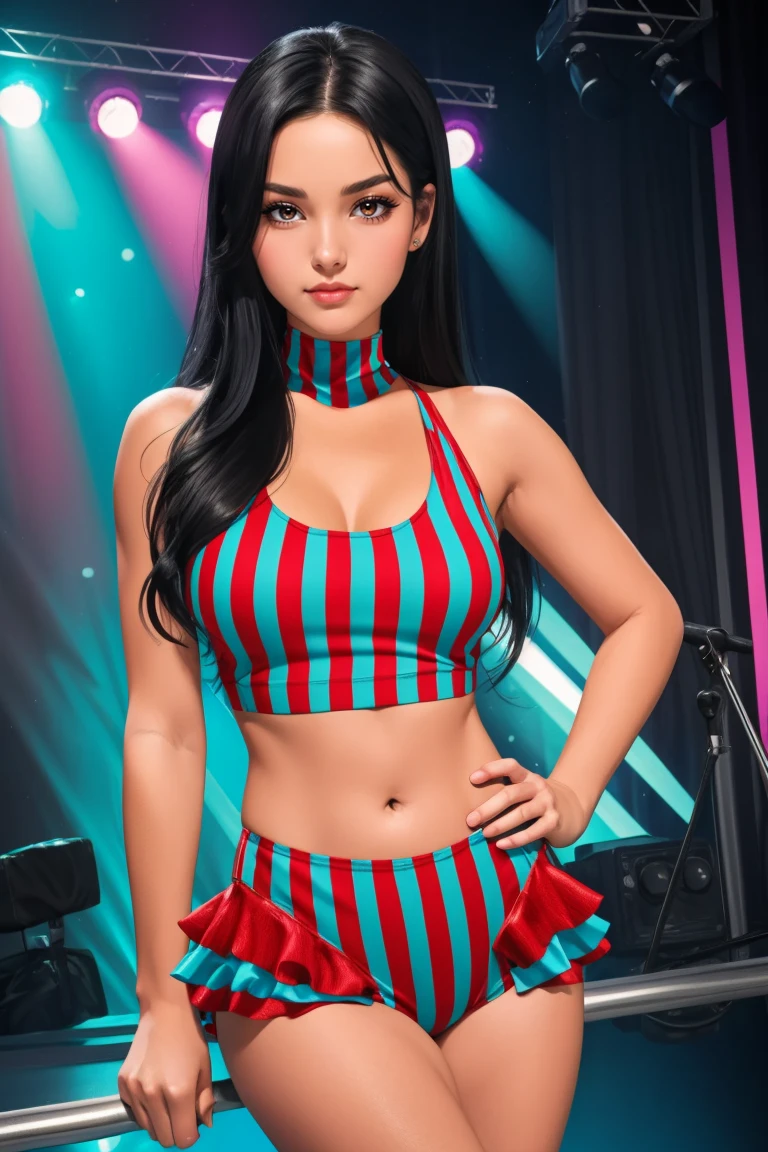 portrait, adult woman, (long black hair), high quality, best quality, full breasts, <lora:Circus_Performer-000009:0.7>, HUD_Crcs_Pfrmr, midriff, swimsuit, vertical stripes, halterneck, frills, stage lights, pole dancing