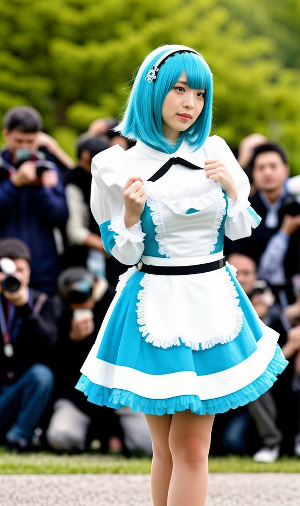 a beautiful 18-year-old Chinese woman,
wide angle,view of a woman from front,multiple clothed male photographers taking photos of a woman with cameras,multiple clothed male photographers taking photos of the same woman with phones,multiple photographer backgrounds,maid,woman focus,woman looking away,taking picture,short hair,detached sleeves,crowd,hair ornament,woman with aqua hair,maid headdress,breasts,cosplay,blurry,ribbon,apron,frills,cleavage,hair ribbon,blurry background,dress,waist apron,outdoors
<lora:cosplay & multiple photographer backgrounds_V1:0.7>
<lora:asianbabe_V6:0.5>
outdoors,forest background,trees,<lora:LCM_LoRA_Weights_SD15å éå¨:1>