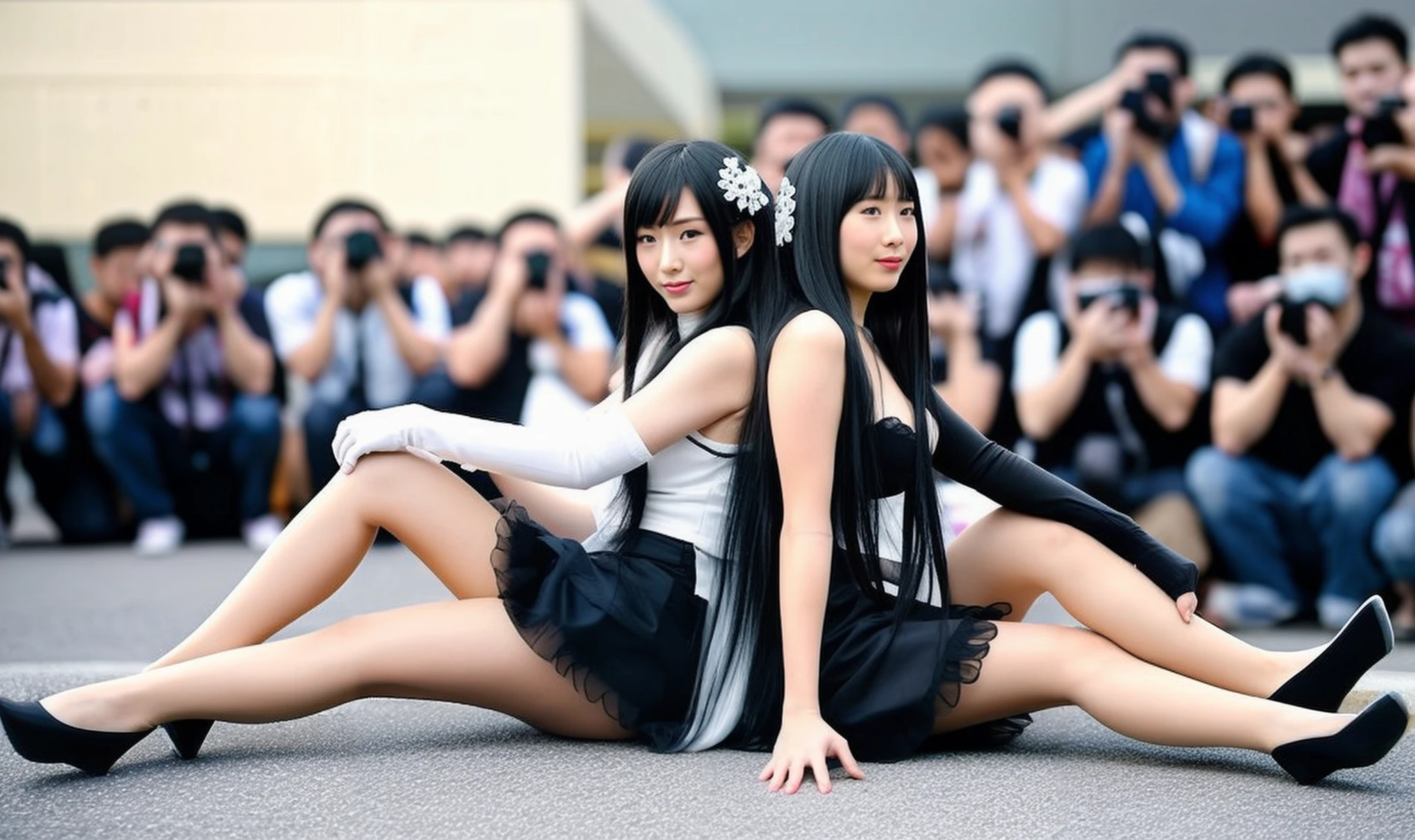 reddit, r/nsfwcosplay,beautiful 18-year-old Chinese woman,
wide angle,view of two women from side,multiple clothed male photographers taking photos of two women with cameras,multiple clothed male photographers taking photos of the same two women with phones,multiple photographer backgrounds,two women sitting,two women focus,two women looking away,a woman wearing white high heels,another woman wearing black high heels,taking picture,a woman has black hair,the other has blonde hair,high heels,crowd,long hair,dress,elbow gloves,black gloves,cosplay,multiple photographers wearing mouth mask,white footwear,breasts,smile,crossed legs,skirt
<lora:cosplay & multiple photographer backgrounds_V1:0.85>,<lora:depth of field slider v1-æ¯æ·±:-6>,depth of field,blurry background <lora:asianbabe_V6:0.5>
outdoors,square,<lora:LCM_LoRA_Weights_SD15å éå¨:1>